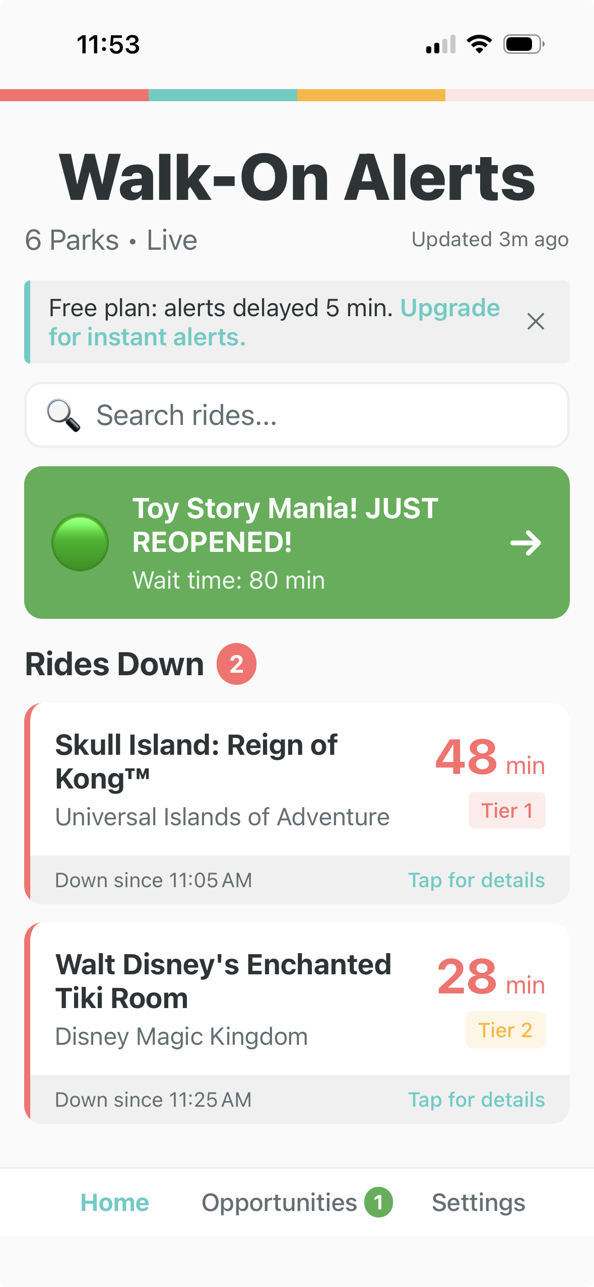 WalkOnAlerts in free mode showing the delay banner and ride breakdown feed