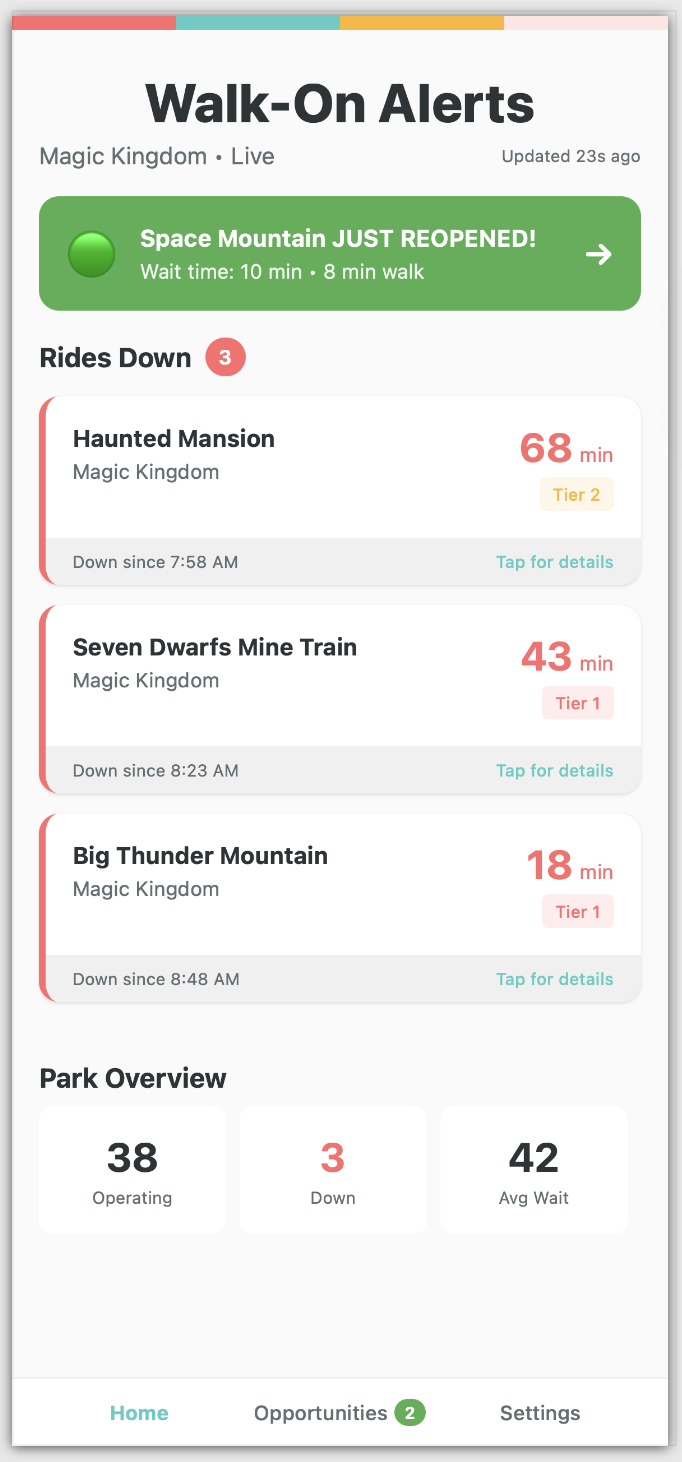 WalkOnAlerts app showing live ride status and reopen alerts