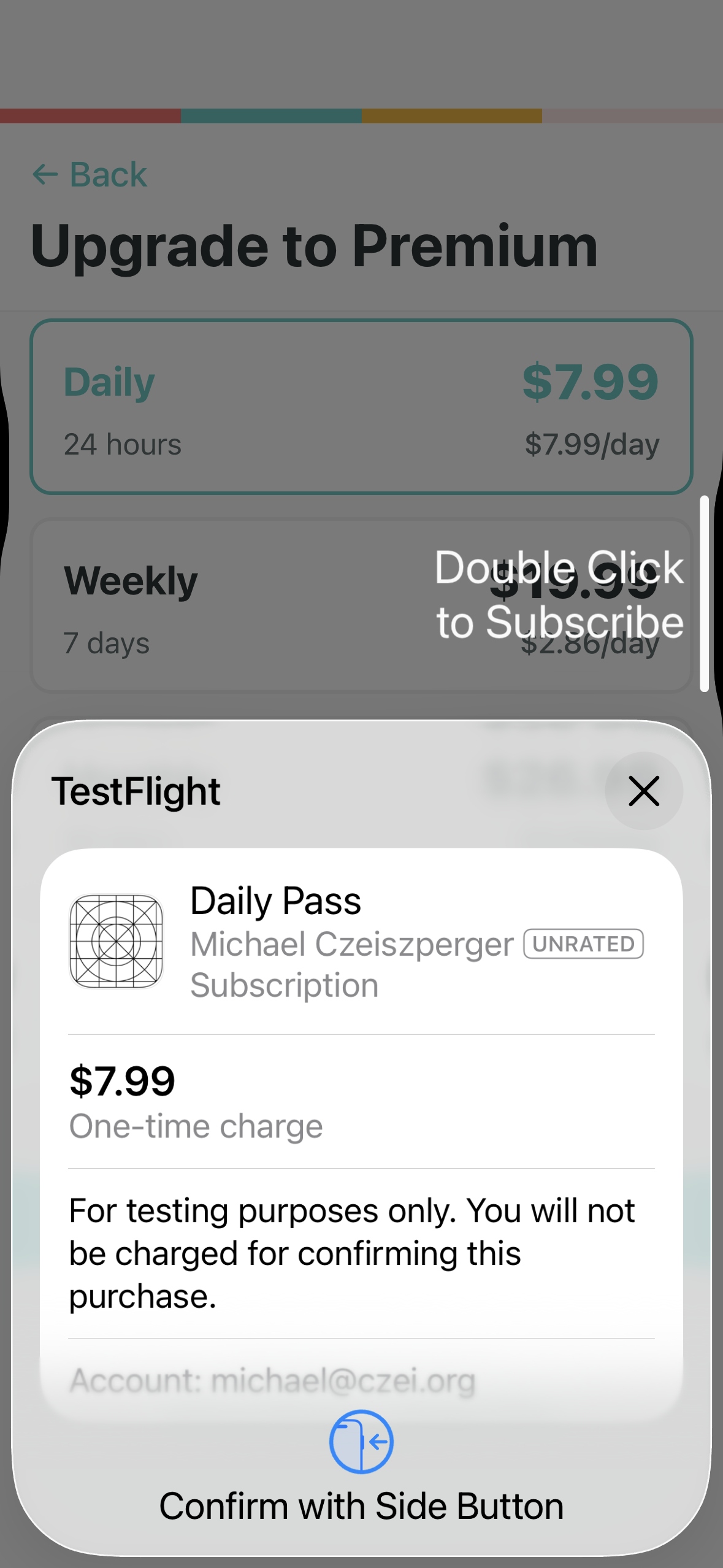 Apple sandbox purchase confirmation showing 'For testing purposes only. You will not be charged.'