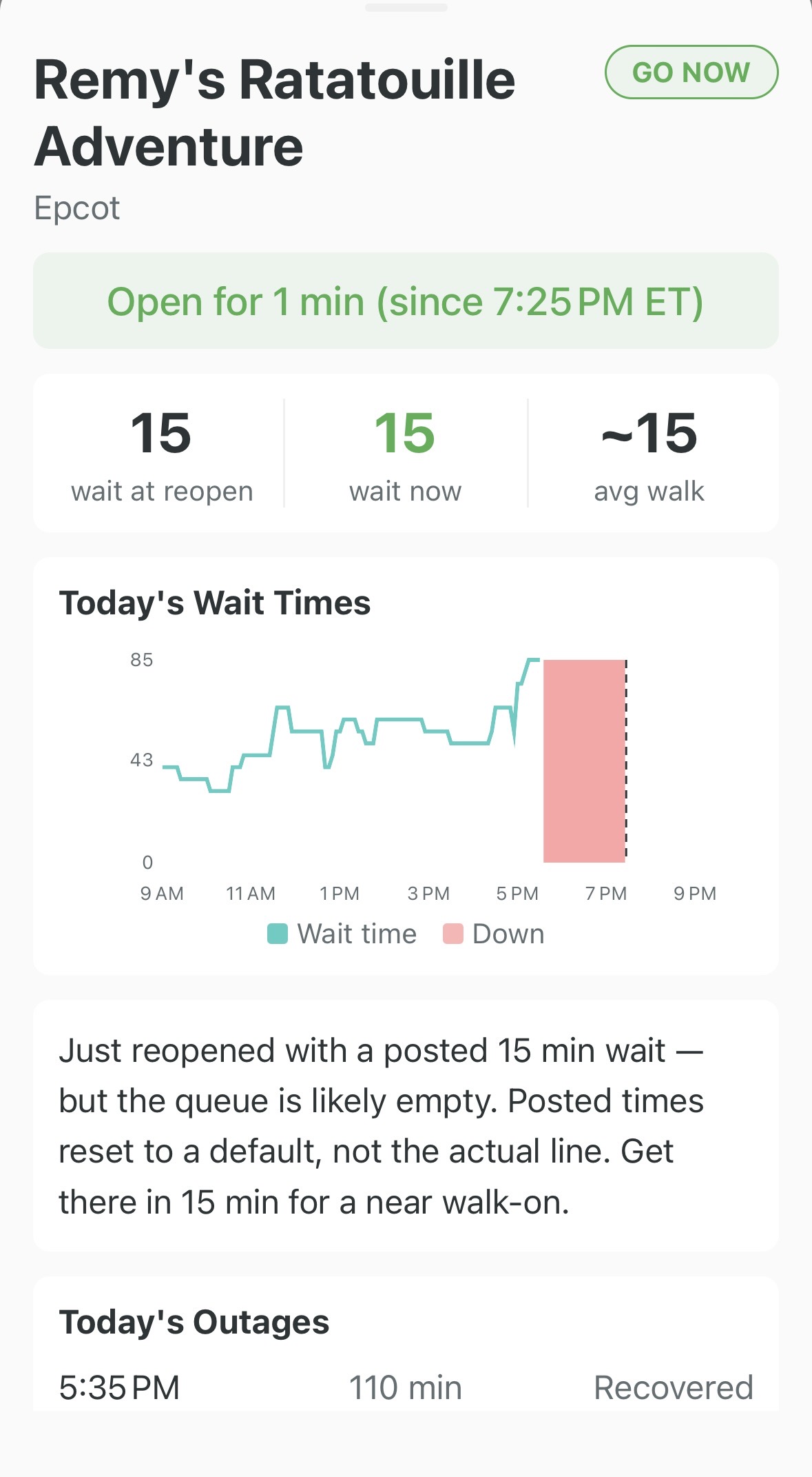 WalkOnAlerts showing Remy's Ratatouille Adventure reopened with 15 minute wait