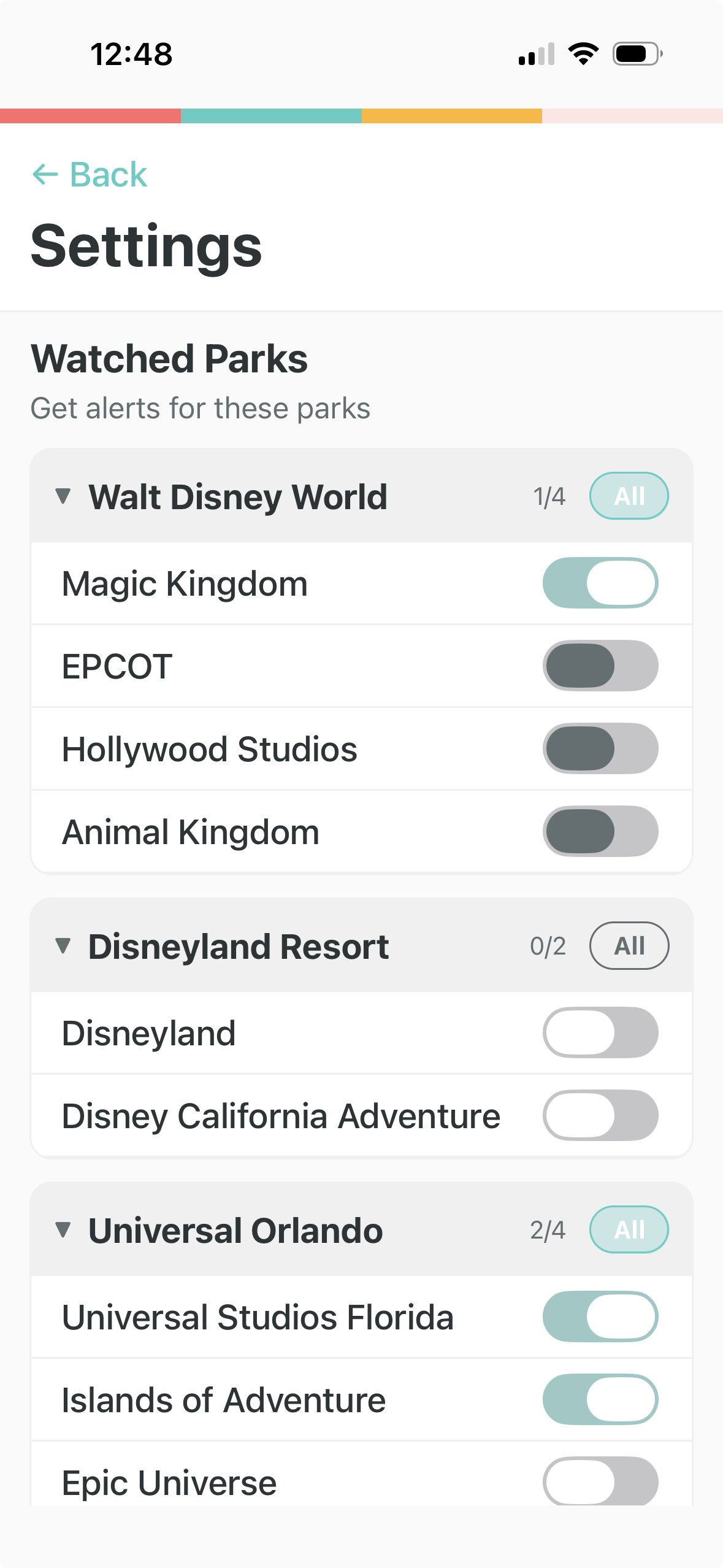 WalkOnAlerts park selection showing Walt Disney World, Disneyland, and Universal parks