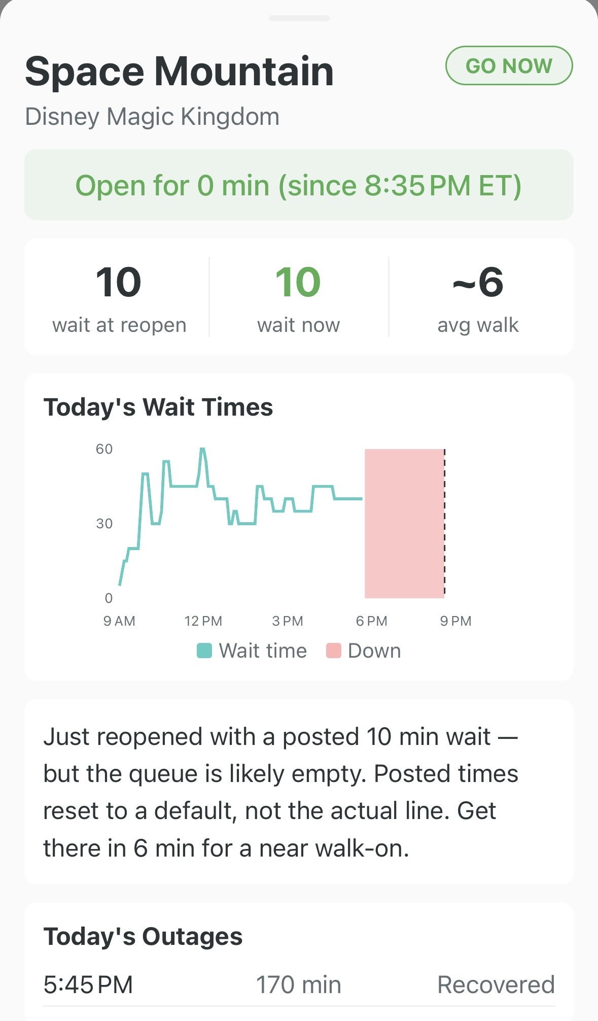 WalkOnAlerts showing Space Mountain reopened with 10 minute wait