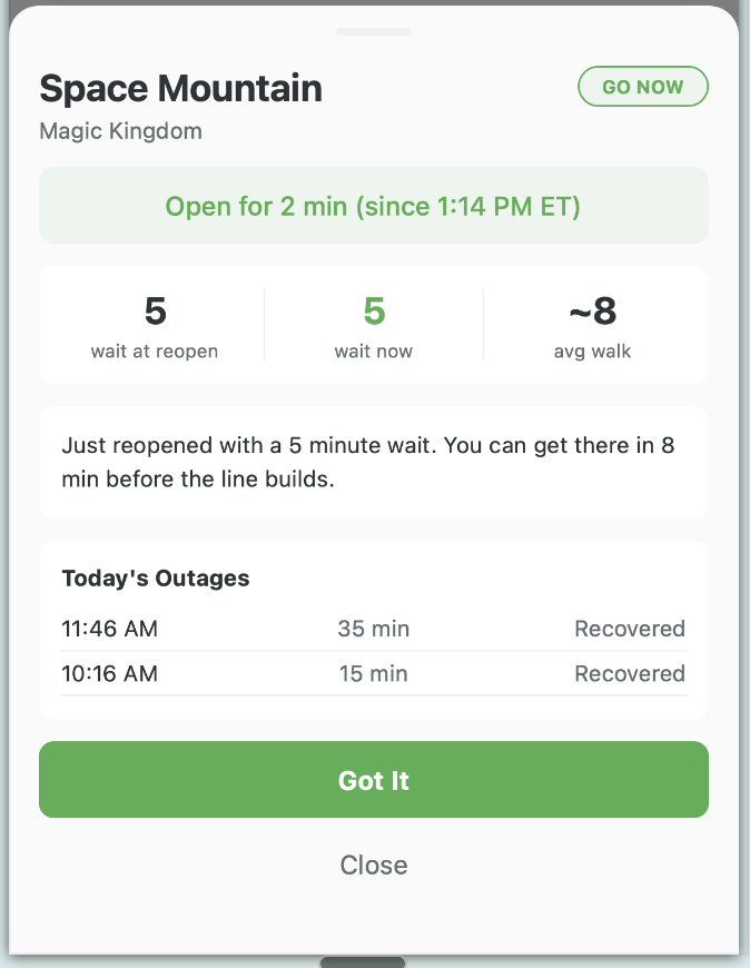 WalkOnAlerts showing Space Mountain reopened with 10 minute wait time